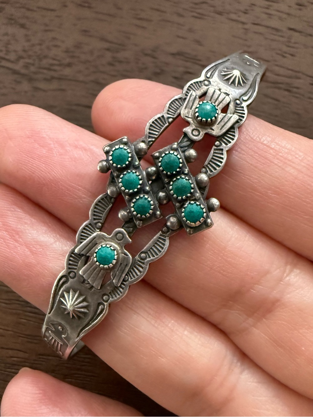 Fred Harvey Style Solid Sterling Silver Turquoise Thunderbird Cuff Bracelet